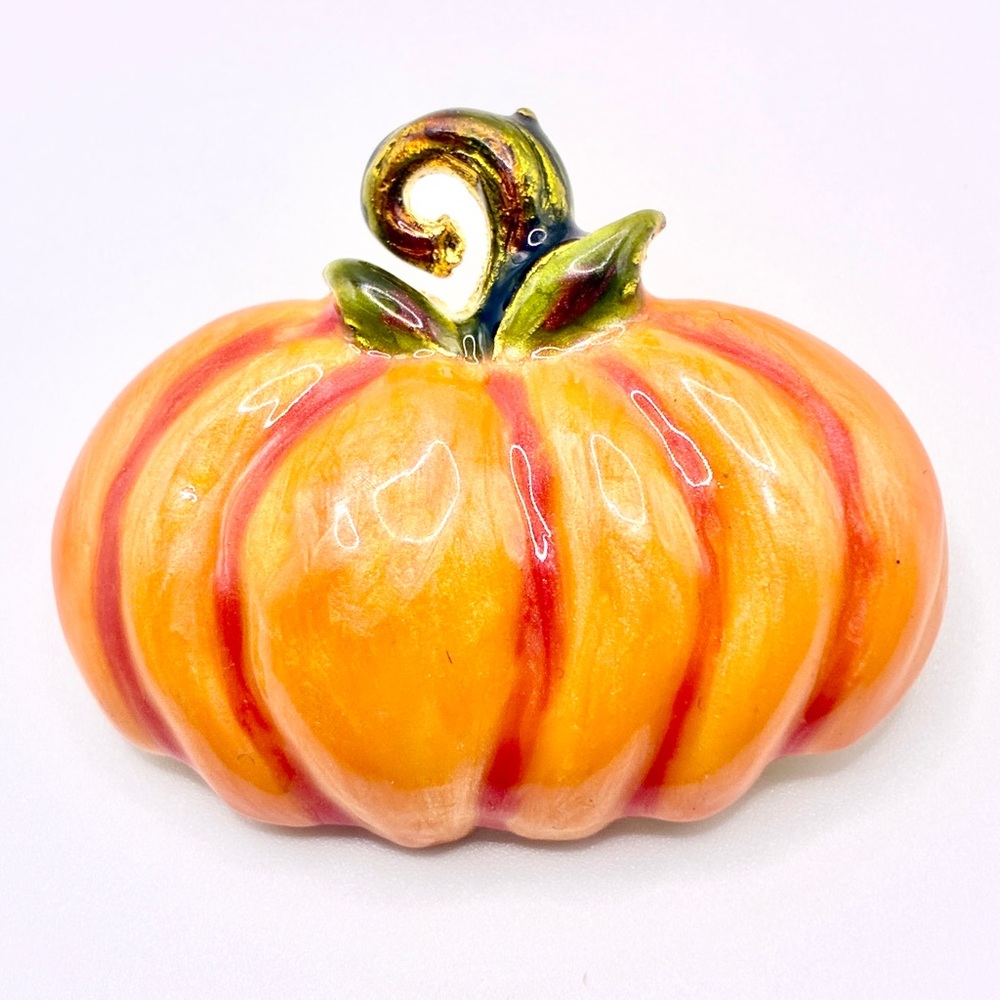 Vintage Orange Hand Painted Pumpkin Brooch in a Gold Tone 1.5” X 2” Inches